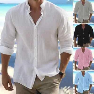 Cotton Linen Men's Long-Sleeved Shirts Summer Solid Color Stand-Up Collar Casual - Picture 1 of 11