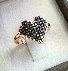 1.50 Ct Round Cut Black Diamond Heart Shape Engagement Ring 14K Rose Gold Finish - Picture 1 of 6