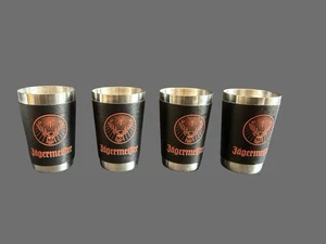 Jagermeister 4 Shot Glasses Stainless Steel Black Leather Wrap w/Orange - Picture 1 of 3