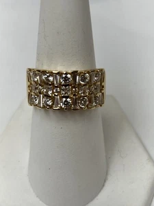 14k Yellow Gold Diamonique CZ Cluster Ring Wide Band Size 8 - Picture 1 of 9