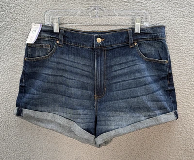 No Boundaries 短裤女式 19 蓝色高腰铐边破旧牛仔学院风新品 — 第 1/4 张图片