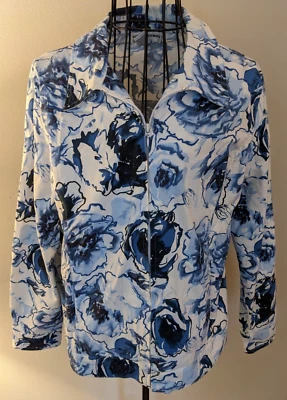 CATHY DANIELS Women's Lite Large Spring Zip Jacket blue white floral long sleeve Foto 1 de 4