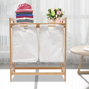 Bamboo Laundry Hamper Laundry Double Basket Wooden Laundry Sorter for Home Use - Picture 1 of 12