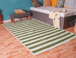 White Jute Rug With Dark Green Striped, Indian Hand Braided Rectangle Jute Rug - Picture 1 of 4