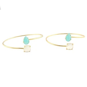 Aqua Chalcedony Opalite Quartz Jewelry Gold Plated Two Stone Adjustable Bracelet - Picture 1 of 4