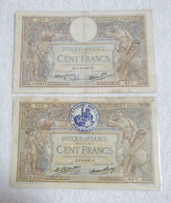 ScarceRare Vintage 1928 Banque de France 100 Francs in Overprint & Original note - Image 1 of 2