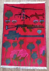 Handmade Afghan War Rug – Helicopter, Rifle & Poppy Motif – 1.17 x 0.80 m – Wool - Picture 1 of 9