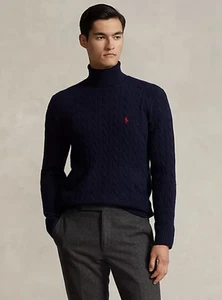 Polo RALPH LAUREN TURTLE NECK JUMPER Blue Cable Knit Roll Wool Pony Logo XXL - Picture 1 of 19