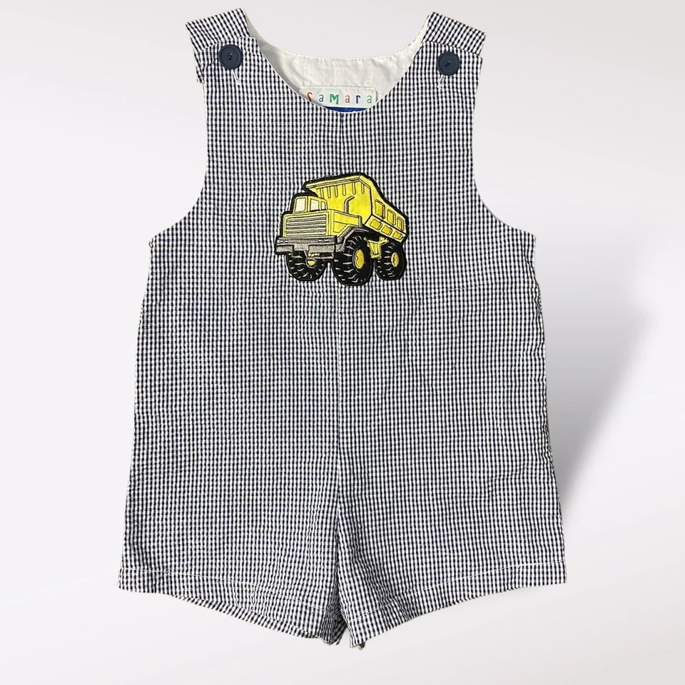 Mameluco vintage Samara 3T negro blanco Seersucker mameluco camión volquete aplique Foto 1 de 4