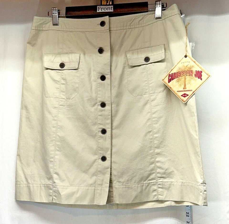 NWT Caribbean Joe Khaki  Button up Skirt Size 14 Petite Color: Sand Pockets - Image 1 of 4