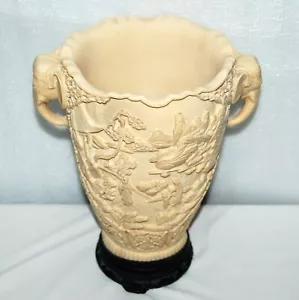 Vaso vintage asiatico giapponese in resina intagliato a mano doppio manico elefante - Foto 1 di 12