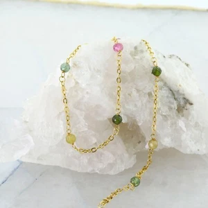 14K Yellow Gold Tourmaline Multicolor Citrine Chain Anklet Circa 1980 - Picture 1 of 4