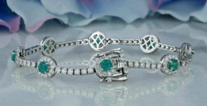 7.00CT Round Cut Simulated Emerald Fancy Tennis Bracelet 14K White Gold Plated - Picture 1 of 8