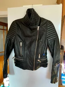 Superdry Ladies Leather Biker Zip Jacket Black Studded Collar Size Small NEW - Picture 1 of 10