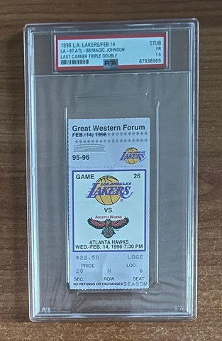 PSA - MAGIC JOHNSON FINAL TRIPLE DOUBLE - 1996 HAWKS @ LAKERS FULL NBA TICKET Cover