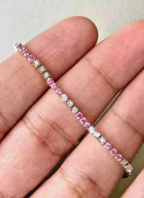 Brazalete Tenis Chapado en Oro Amarillo 14KY 8Ct Corte Ovalado Creado en Laboratorio Zafiro Rosa Foto 1 de 4