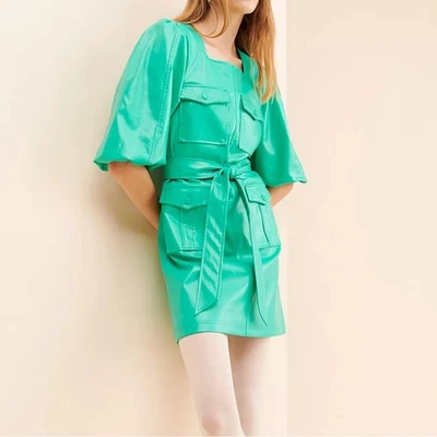 Mini Vestido Hosbjerg Free People Verde Cuero Vegano con Cinturón Foto 1 de 4