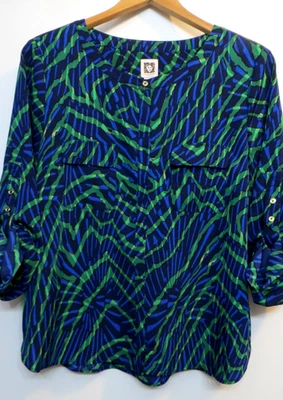 Anne Klein 衬衫女式小号蓝色绿色条纹现代图案纽扣 — 第 1/4 张图片