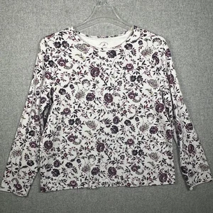 White Stag XL Cotton Womens Top Long Sleeve Floral White Purple 100% Cotton Crew - Picture 1 of 13