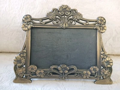Vtg Antique Brass Metal Art Nouveau Style Photo Picture Frame w Flowers Swirls - Image 1 of 4