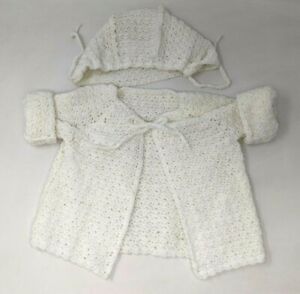 VTG Handmade Crochet Knit White Baby Child Doll Bonnet Hat Sweater Cardigan CD21