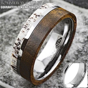 Personalized Men's Tungsten Offset Deer Antler & Bocote Wood Wedding Band Ring - Picture 1 of 13