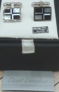 David Donahue Mens Sterling Silver, Onyx & Mother Of Pearl Cufflinks - Picture 1 of 9