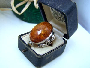VINTAGE MODERNIST CELTIC KNOT 925 SOLID STERLING SILVER AMBER RING SIZE I 4 - Picture 1 of 9