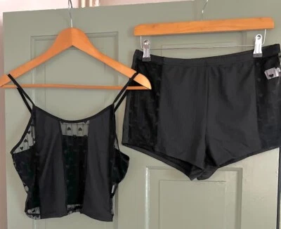 New Ladies Black Shortie Adjustable Strap Crop Top/Short Pyjama Nightwear Set-XL - Image 1 of 2