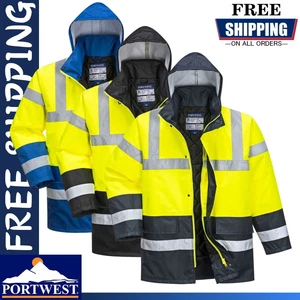 PORTWEST Hi Vis Waterproof Jacket - Hood Lined Padded Traffic Yellow Safety Coat