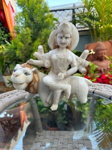 1900 Antique Old Marble Stone Hand Carved Hindu Goddess Parvati Lion Sculpture