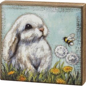 White Bunny Rabbit and Bumblebee Farmhouse Block Sign Wood