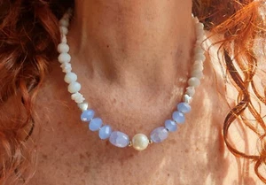 ❤🧡💛COLLANA DONNA PIETRE DURE + ORECCHINI AGATA BIANCA E PIETRE AZZURRE. PARURE - Foto 1 di 9