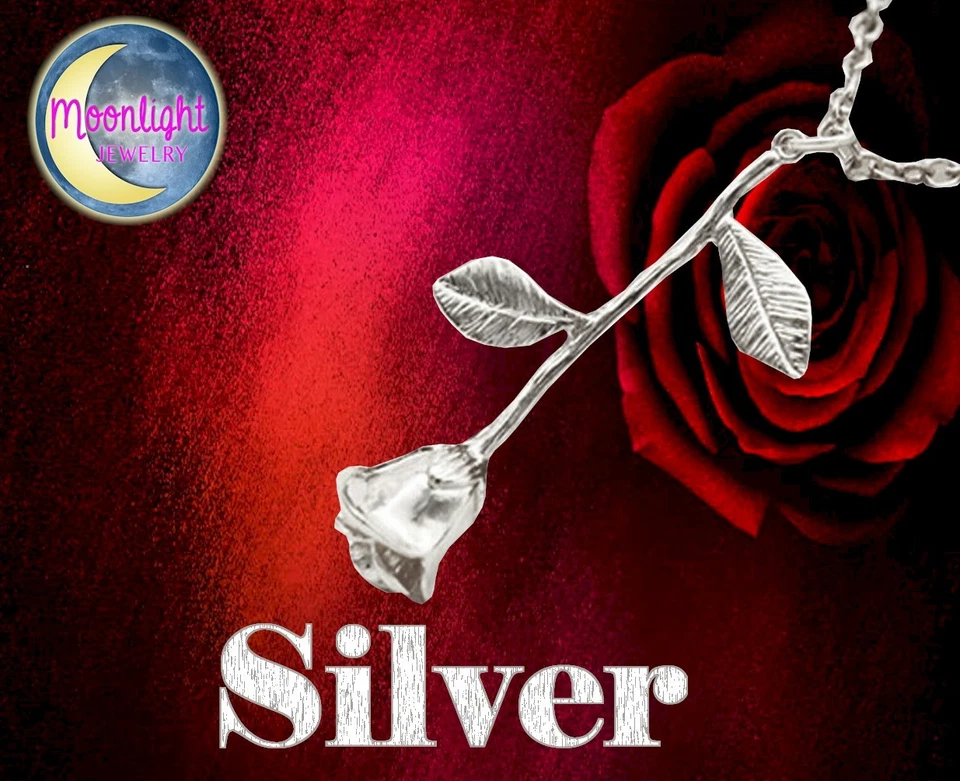 Nuevo Collar Joyería Colgante Flor Rosa Tallo Largo Oro Rosa Plata Dije    Foto 1 de 1