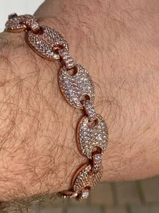 Mens 12mm Gucci Link Bracelet Solid 925 Sterling Silver 14k Rose Gold Plated CZ - Picture 1 of 13