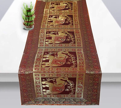 Maroon & Gold Table Runner Elephant Silk Runner For Home Décor 16x60 in - Image 1 of 4