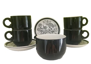 Retro Alfred Meakin Samoa Black White 4 Cups and Saucers Sugar Bowl 1970s - Picture 1 of 12