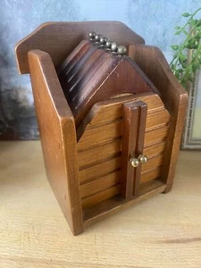 Vintage Wooden Coaster Set With Holder - Rustic Decor & Cork Inserts - Picture 1 of 3