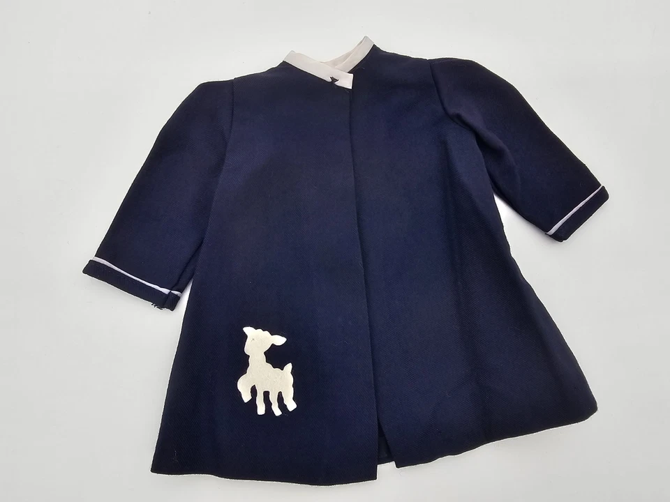 Bata de lana botánica vintage Terri Lee Fashions etiquetada azul marino con fieltro cordero 1950 Foto 1 de 4