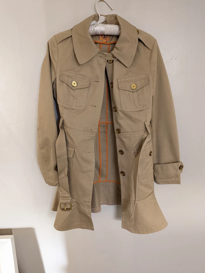 Tory Burch Trench Talla 4 Algodón Sarga Caqui Botón Manga Larga Bolsillos!! Acampanado Foto 1 de 4