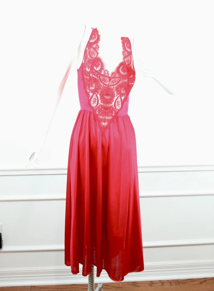 Vestido Vintage Olga Nylon Rojo Encaje S M Espalda Redonda Años 80 Elegante Hollywood Coquette Foto 1 de 4