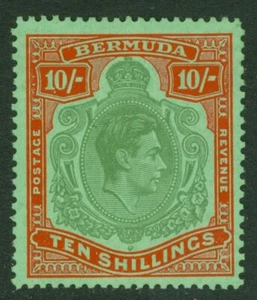 SG 119d Bermuda 1938-53. 10/- verde intenso e rosso opaco/verde. Finemente non montato... - Foto 1 di 1