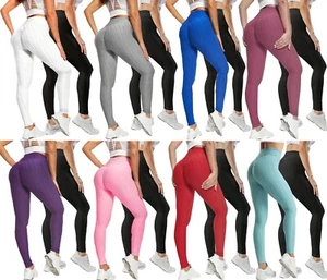 Damen High Waist Bubble Textur Leggings Slim Butt Fitness Yoga Hose 2er Pack - Bild 1 von 45