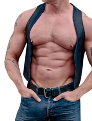 Men's Real Leather Bartender Vest Front Open Contrast Piping Bartender Vest - Image 1 of 2