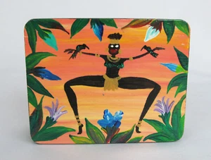 Hand Painted Wood African Native Woman Jungle Dancing Cuckoo Birds Trinket Box - Picture 1 of 5