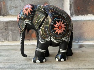 Wooden Carved Elephant Colorful Vintage Handmade Hand Painted 5” X 5” - Picture 1 of 9