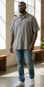 George Big Man Shirt Men 3XL Gray And White Plaid 1 Pocket Buttons Straight Hem - Picture 1 of 5