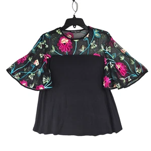Blusa Kim Cami Mujer Negra Malla Transparente Bordada Floral Manga Campana Talla S - Imagen 1 de 11