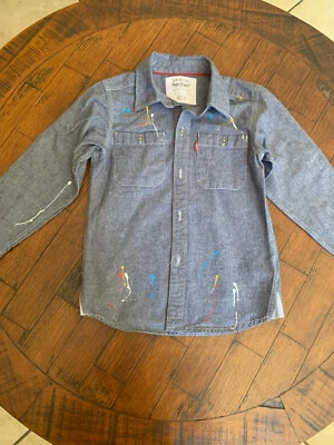 Levis Shirt Kids Blue Denim Long Sleeve Button Up With Paint Splatter Size 5 - Image 1 of 3