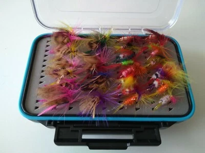 trout salmon fly fishing flies assortment tackle box with 64 fly fishing flies  - Image 1 of 4